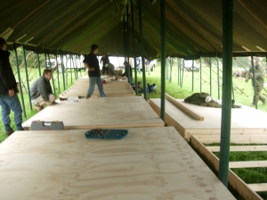 The boards are assembled inside the marquee